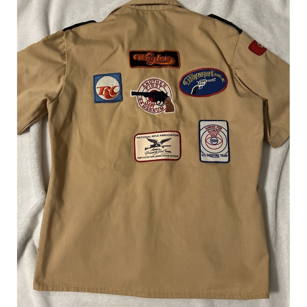 Vintage Work Shirt Mens L Custom Patches RC Cola Smith Wesson Harley Waylon NRA